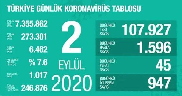 2 Eylül Türkiye Koronavirüs Tablosu Açıkladı